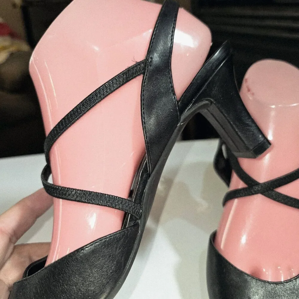 Liz Baker Sz 8 Y2K Vintage Elastic Criss Cross Strappy Black Leather Upper Heels